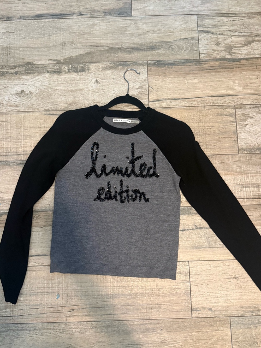 Alice + Olivia Black and Gray 'Limited Edition' Sequin Script Sweater